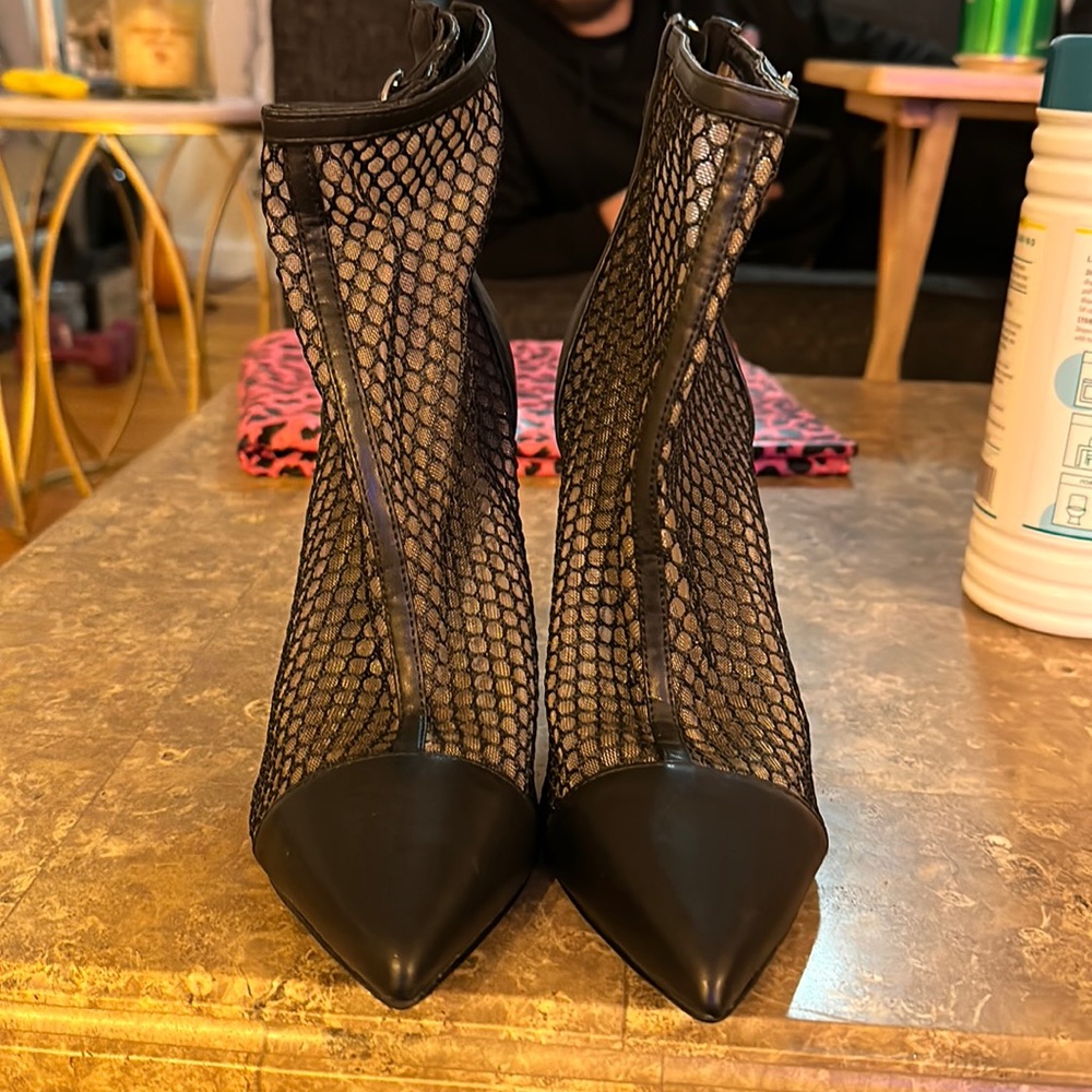 Nine West Black Fishnet Bootie Heels